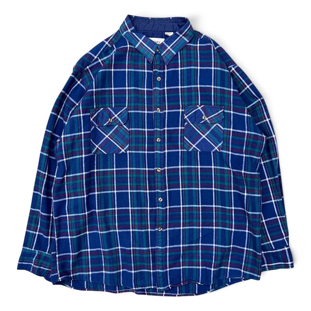 Vintage Country Touch Flannel Shirt XL Blue Green Plaid Soft Button Up Workwear